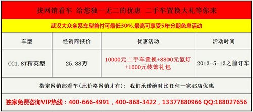 武汉汉阳大众1.8T精英CC优惠20000元