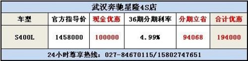 武汉奔驰S400L综合优惠194000元
