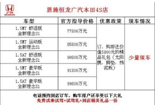 恩施本田全新理念S1已到店现车销售