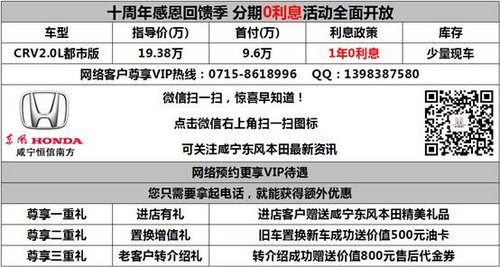 只需96000元 咸宁本田CRV0利息贷回家