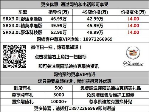 襄阳凯迪拉克SRX综合优惠3万仅限网销