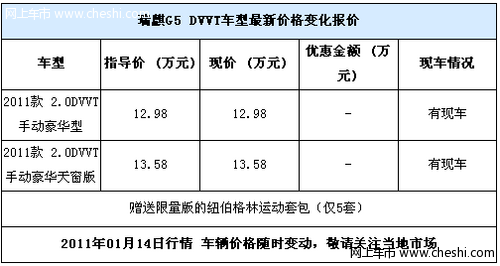 瑞麒G5 DVVT版新车到店  赠送运动套包