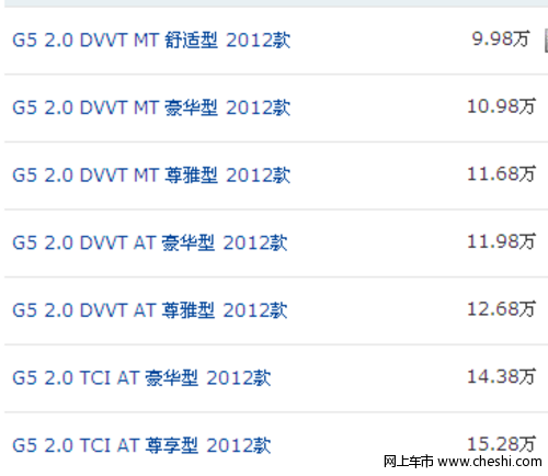 2012款瑞麒g5最新报价