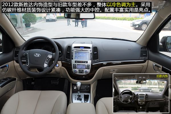 2012款新胜达内饰造型与旧款车型差不多,整体以冷色调为主.